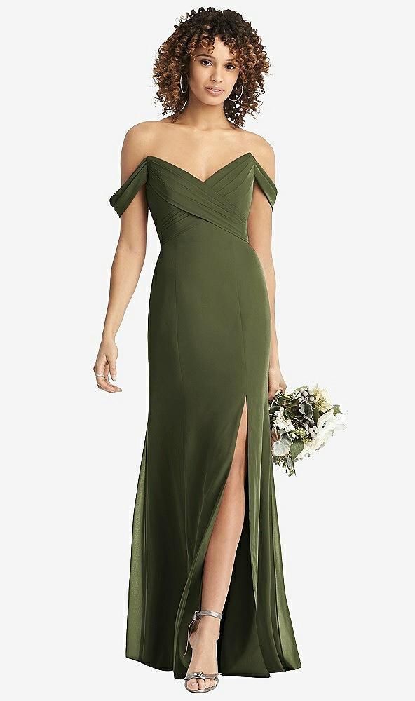 【STYLE: 8193】Off-the-Shoulder Criss Cross Bodice Trumpet Gown【COLOR: Olive Green】