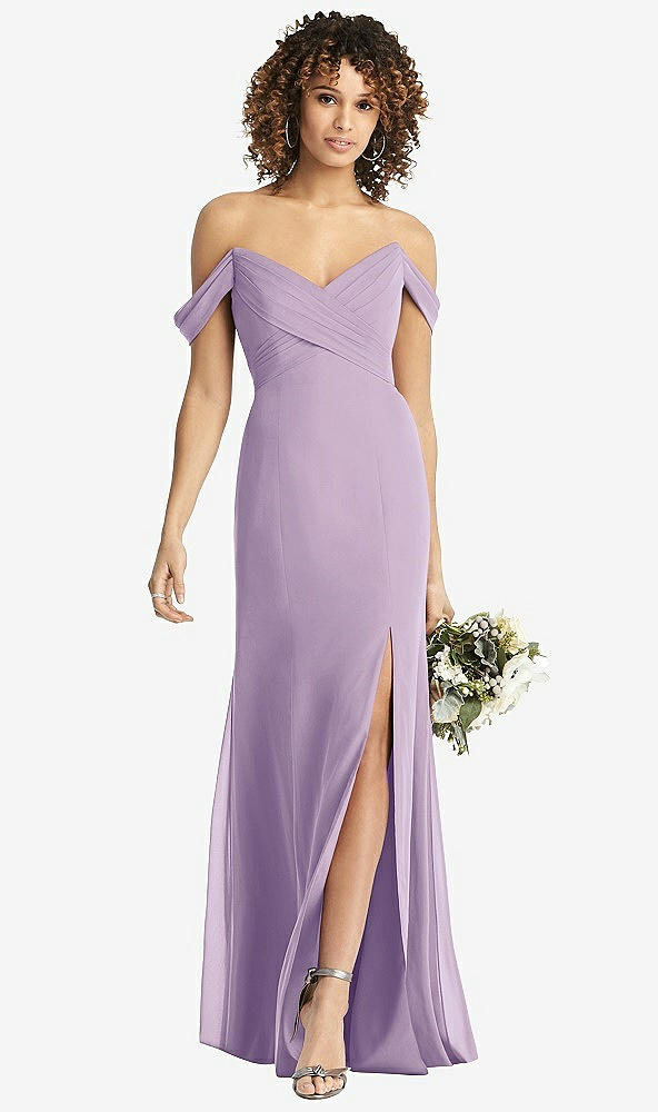【STYLE: 8193】Off-the-Shoulder Criss Cross Bodice Trumpet Gown【COLOR: Pale Purple】