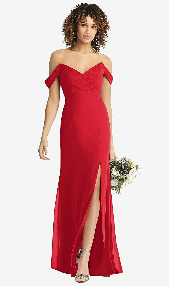 【STYLE: 8193】Off-the-Shoulder Criss Cross Bodice Trumpet Gown【COLOR: Parisian Red】