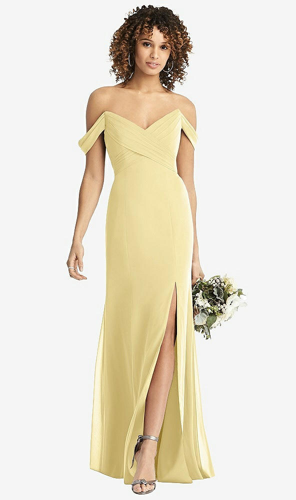 【STYLE: 8193】Off-the-Shoulder Criss Cross Bodice Trumpet Gown【COLOR: Pale Yellow】