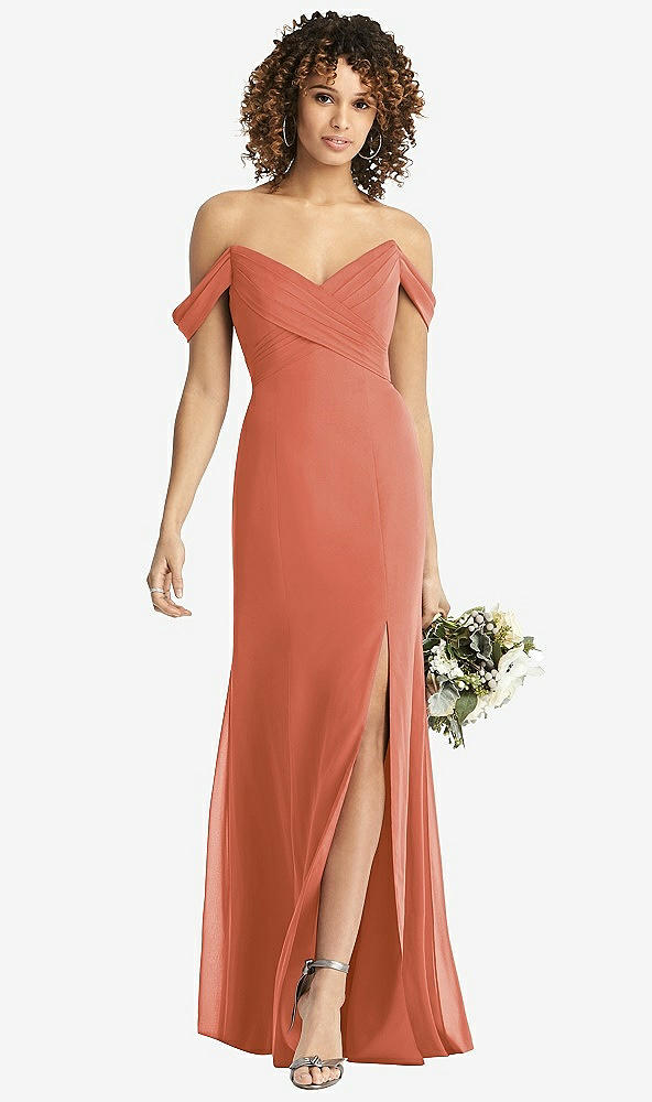 【STYLE: 8193】Off-the-Shoulder Criss Cross Bodice Trumpet Gown【COLOR: Terracotta Copper】