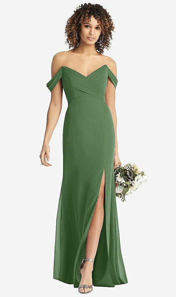 【STYLE: 8193】Off-the-Shoulder Criss Cross Bodice Trumpet Gown【COLOR: Vineyard Green】