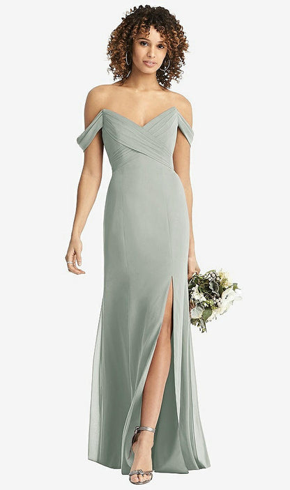 【STYLE: 8193】Off-the-Shoulder Criss Cross Bodice Trumpet Gown【COLOR: Willow Green】