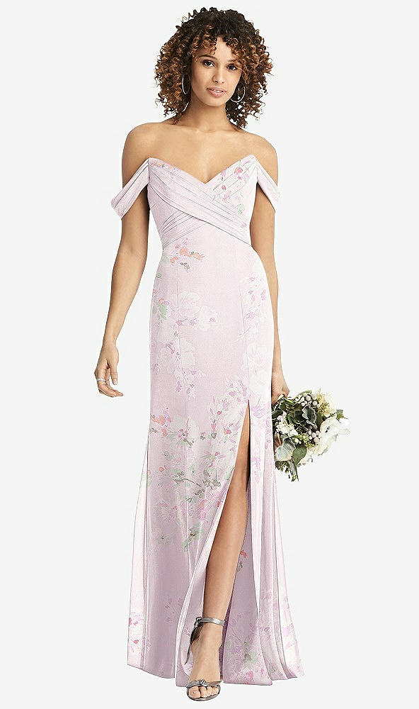 【STYLE: 8193】Off-the-Shoulder Criss Cross Bodice Trumpet Gown【COLOR: Watercolor Print】