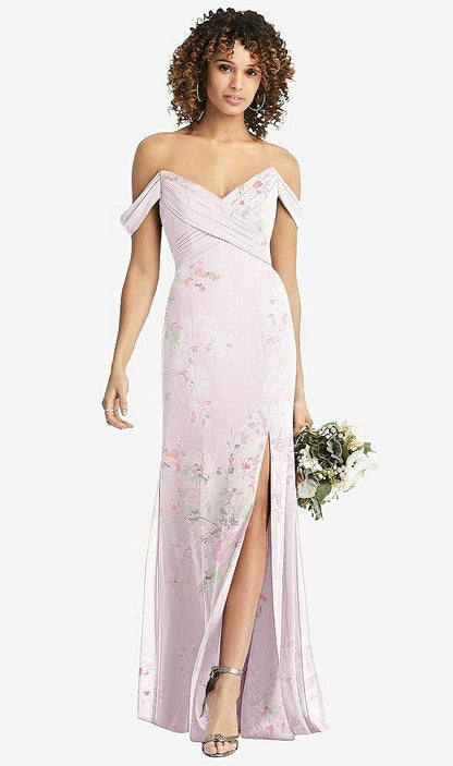 【STYLE: 8193】Off-the-Shoulder Criss Cross Bodice Trumpet Gown【COLOR: Watercolor Print】