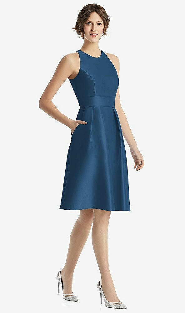 【STYLE: D769】High-Neck Satin Cocktail Dress with Pockets【COLOR: Dusk Blue】