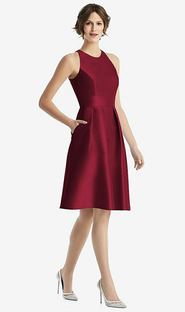 【STYLE: D769】High-Neck Satin Cocktail Dress with Pockets【COLOR: Burgundy】