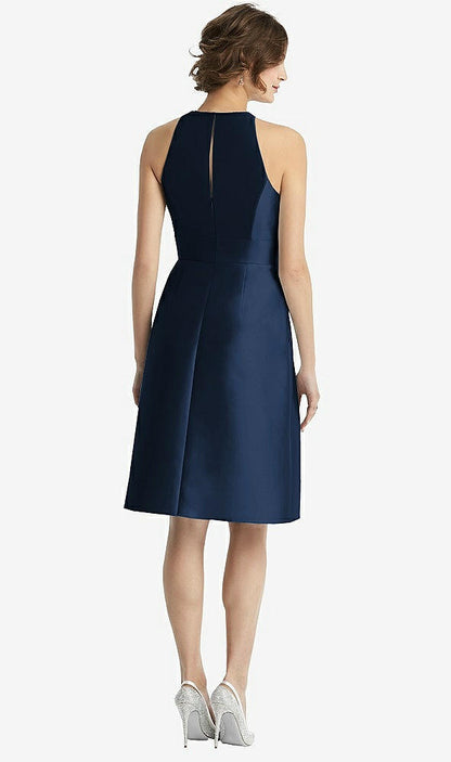 【STYLE: D769】High-Neck Satin Cocktail Dress with Pockets【COLOR: Midnight Navy】