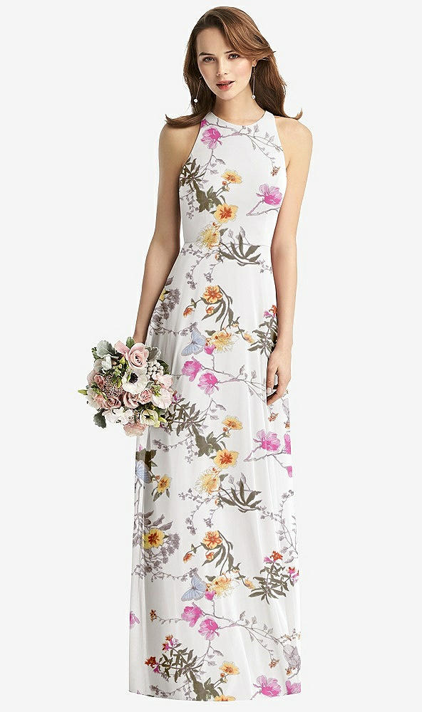 【STYLE: TH011】Sleeveless Halter Chiffon Maxi Dress【COLOR: Butterfly Botanica Ivory】