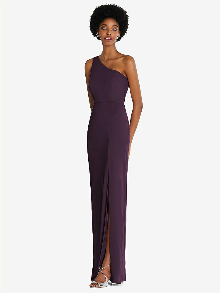 【NEW】【STYLE: TH014】ワンショルダー シフォン トランペット ガウン【COLOR: Aubergine】【SIZE: 00-30W】