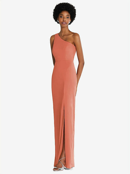 【STYLE: TH014】One-Shoulder Chiffon Trumpet Gown【COLOR: Terracotta Copper】
