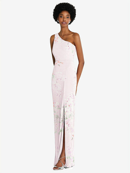 【STYLE: TH014】One-Shoulder Chiffon Trumpet Gown【COLOR: Watercolor Print】