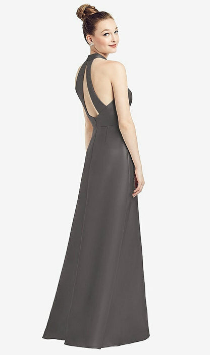 【STYLE: D772】High-Neck Cutout Satin Dress with Pockets【COLOR: Caviar Gray】