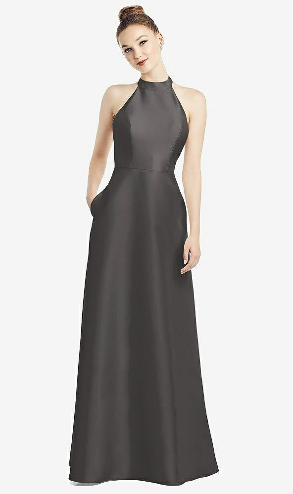 【STYLE: D772】High-Neck Cutout Satin Dress with Pockets【COLOR: Caviar Gray】