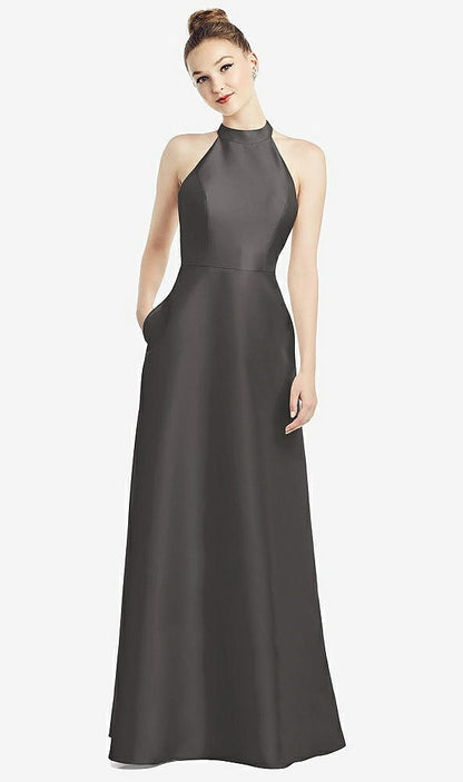 【STYLE: D772】High-Neck Cutout Satin Dress with Pockets【COLOR: Caviar Gray】
