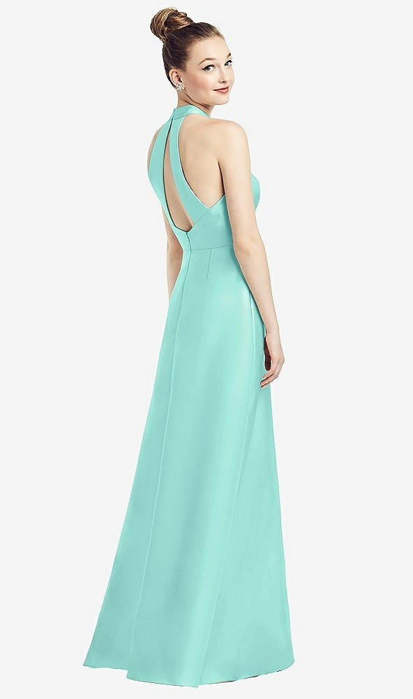 【STYLE: D772】High-Neck Cutout Satin Dress with Pockets【COLOR: Coastal】