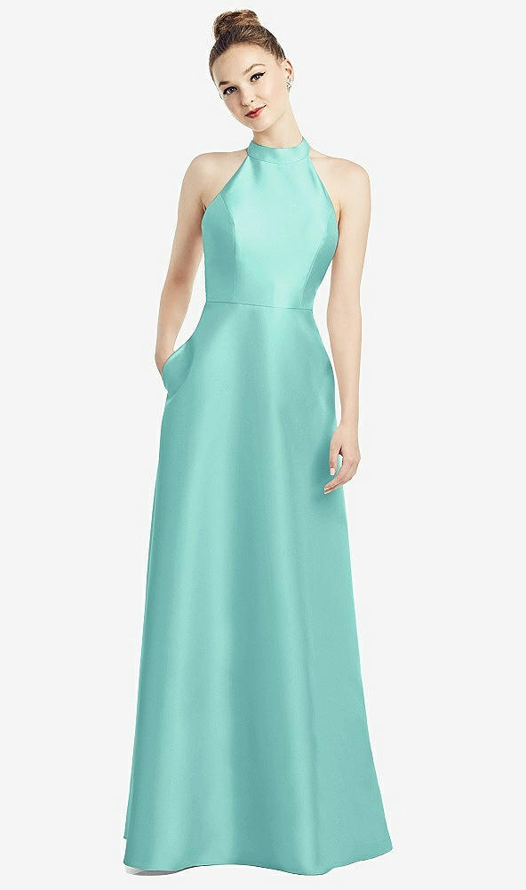 【STYLE: D772】High-Neck Cutout Satin Dress with Pockets【COLOR: Coastal】