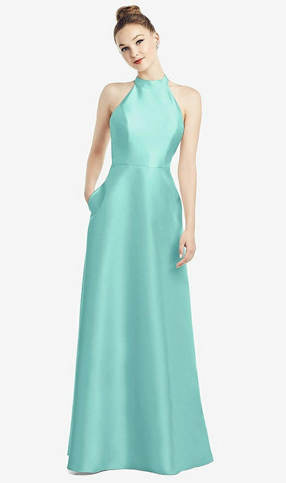 【STYLE: D772】High-Neck Cutout Satin Dress with Pockets【COLOR: Coastal】
