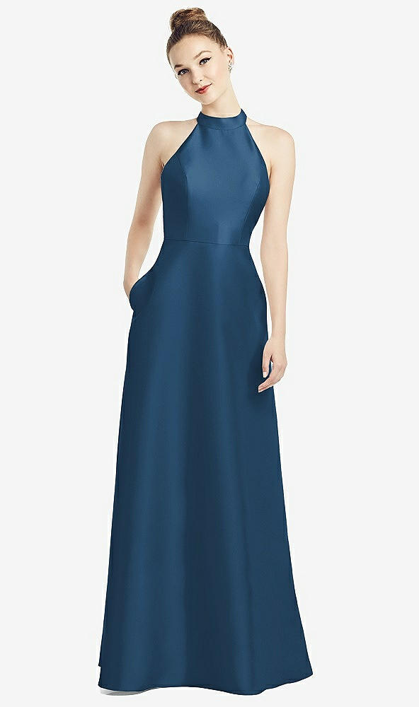 【STYLE: D772】High-Neck Cutout Satin Dress with Pockets【COLOR: Dusk Blue】