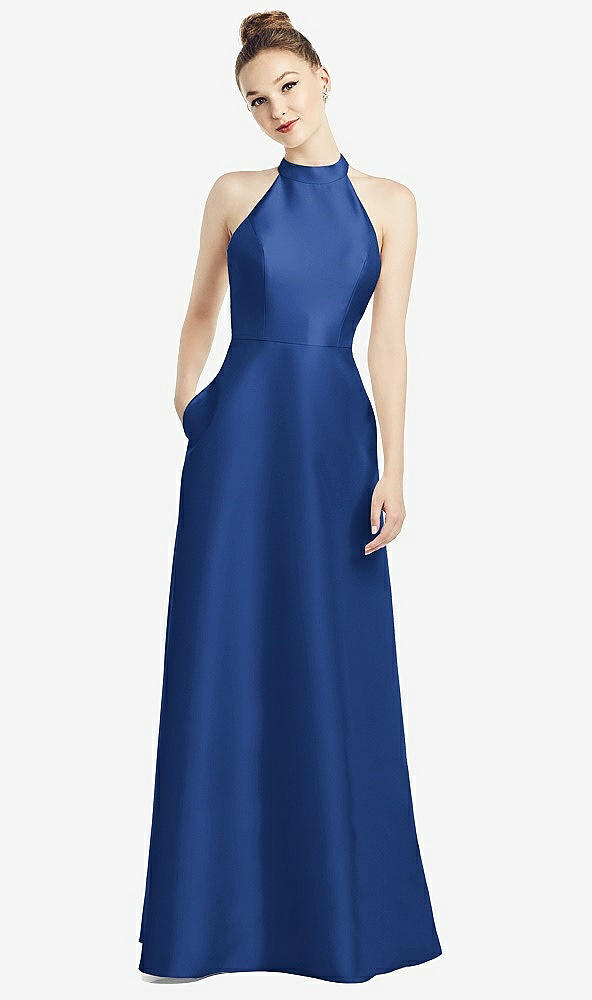 【STYLE: D772】High-Neck Cutout Satin Dress with Pockets【COLOR: Classic Blue】