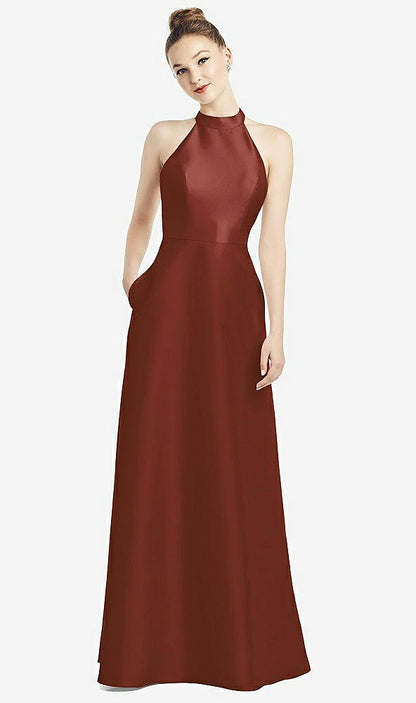 【STYLE: D772】High-Neck Cutout Satin Dress with Pockets【COLOR: Auburn Moon】