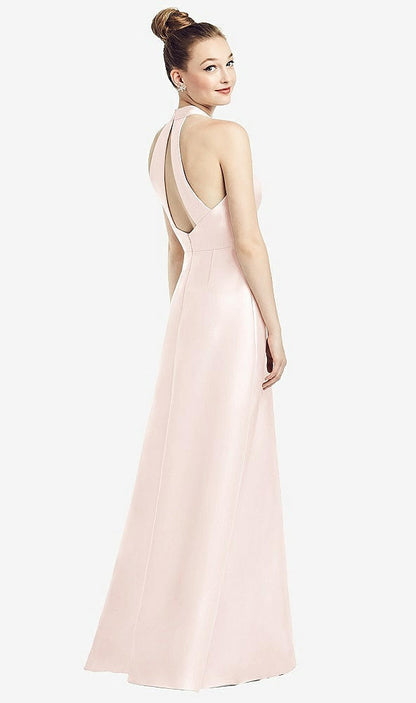 【STYLE: D772】High-Neck Cutout Satin Dress with Pockets【COLOR: Blush】