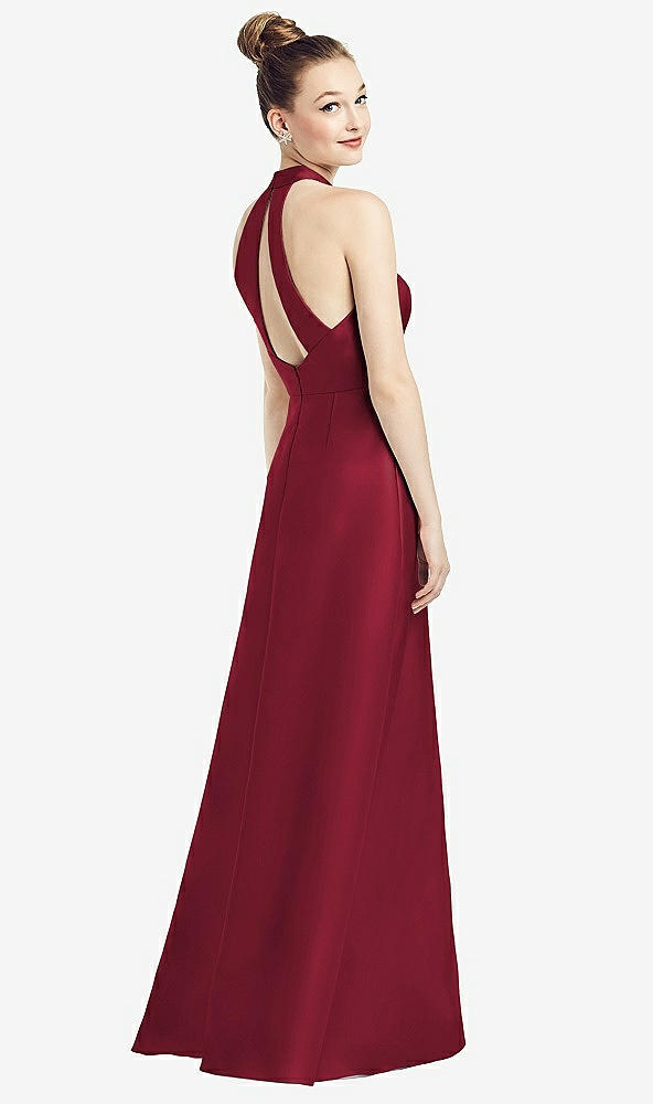 【STYLE: D772】High-Neck Cutout Satin Dress with Pockets【COLOR: Burgundy】