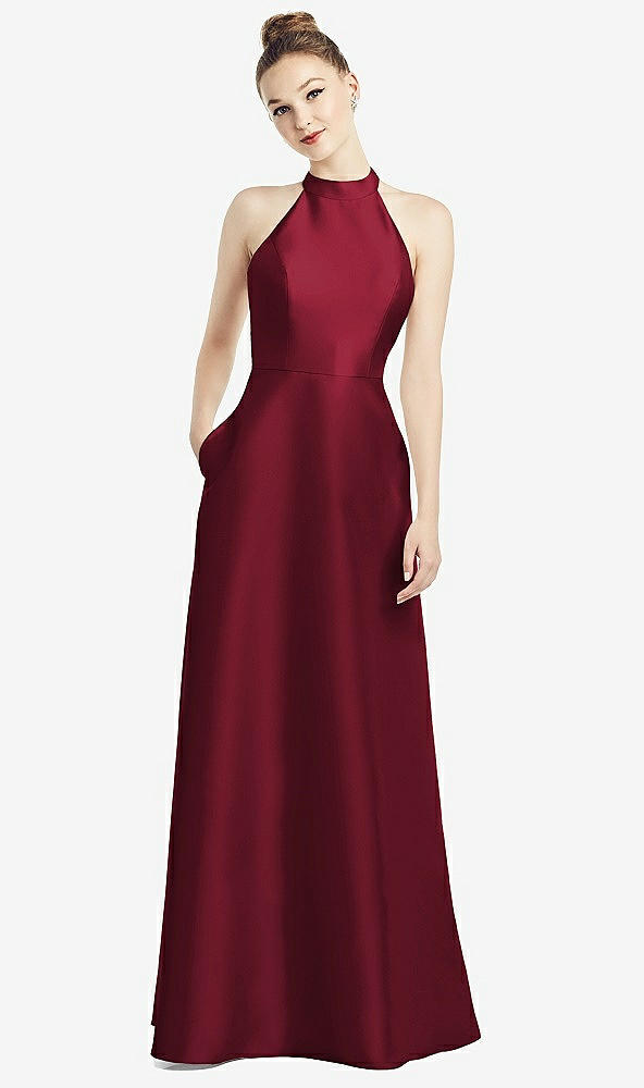 【STYLE: D772】High-Neck Cutout Satin Dress with Pockets【COLOR: Burgundy】