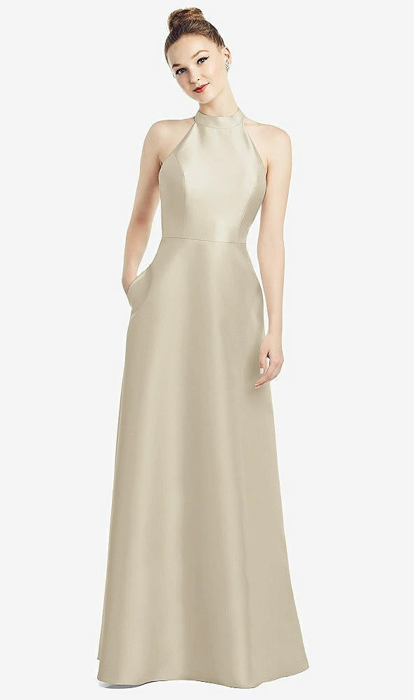【NEW】【STYLE: D772】ハイネック カットアウト サテン ドレス ポケット付き【COLOR: Champagne】【SIZE: 00-30W】