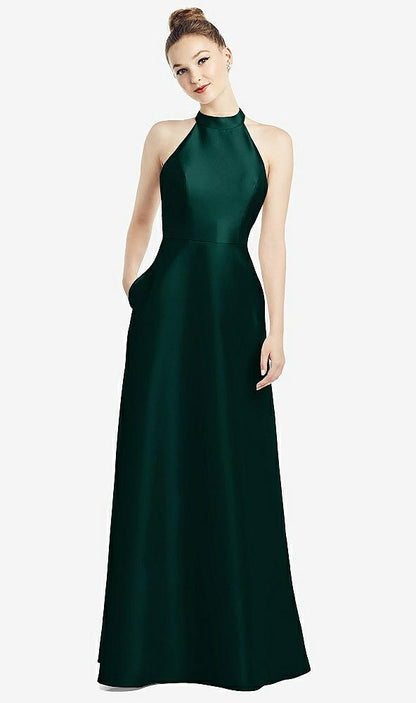 【NEW】【STYLE: D772】ハイネック カットアウト サテン ドレス ポケット付き【COLOR: Evergreen】【SIZE: 00-30W】