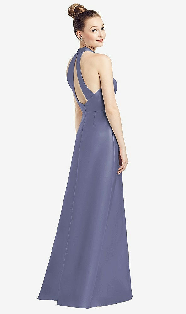 【STYLE: D772】High-Neck Cutout Satin Dress with Pockets【COLOR: French Blue】