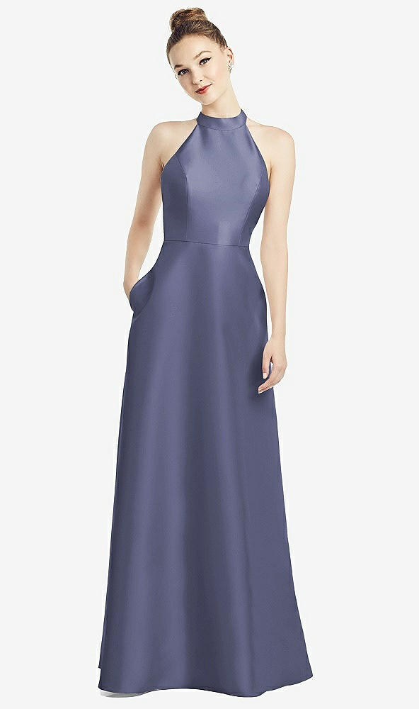 【STYLE: D772】High-Neck Cutout Satin Dress with Pockets【COLOR: French Blue】