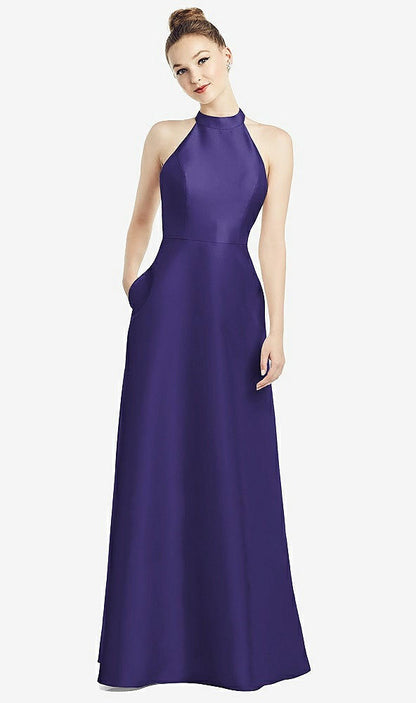 【STYLE: D772】High-Neck Cutout Satin Dress with Pockets【COLOR: Grape】