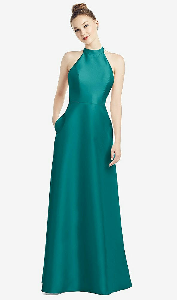 【NEW】【STYLE: D772】ハイネック カットアウト サテン ドレス ポケット付き【COLOR: Jade】【SIZE: 00-30W】