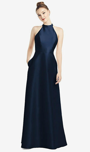 【STYLE: D772】High-Neck Cutout Satin Dress with Pockets【COLOR: Midnight Navy】
