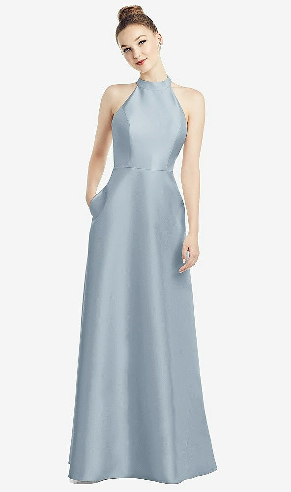 【STYLE: D772】High-Neck Cutout Satin Dress with Pockets【COLOR: Mist】