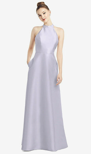 【STYLE: D772】High-Neck Cutout Satin Dress with Pockets【COLOR: Silver Dove】