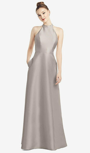 【STYLE: D772】High-Neck Cutout Satin Dress with Pockets【COLOR: Taupe】