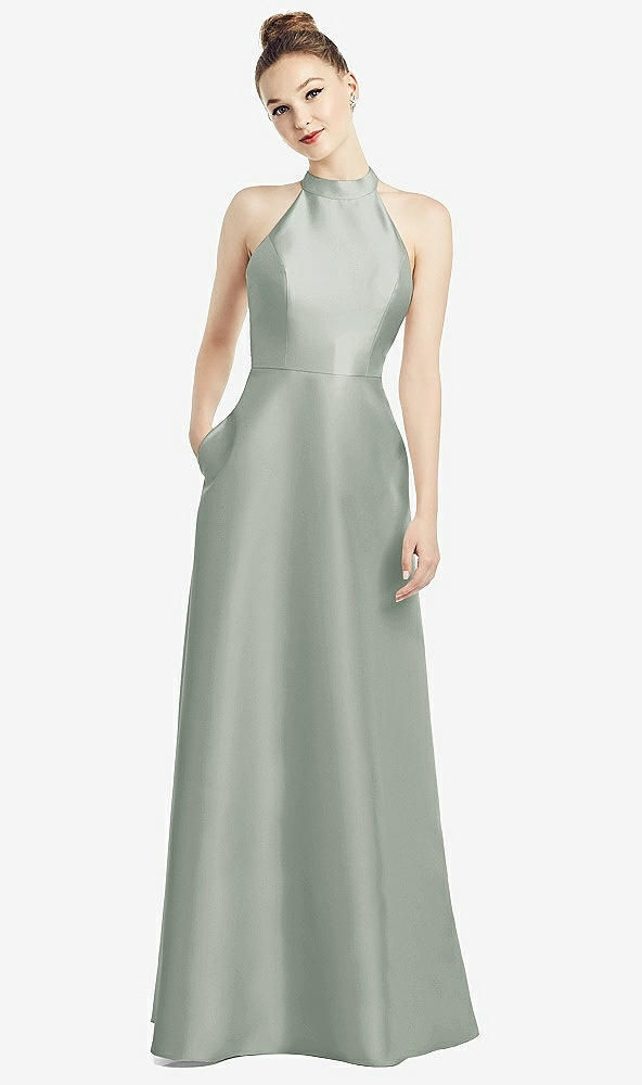 【NEW】【STYLE: D772】ハイネック カットアウト サテン ドレス ポケット付き【COLOR: Willow Green】【SIZE: 00-30W】