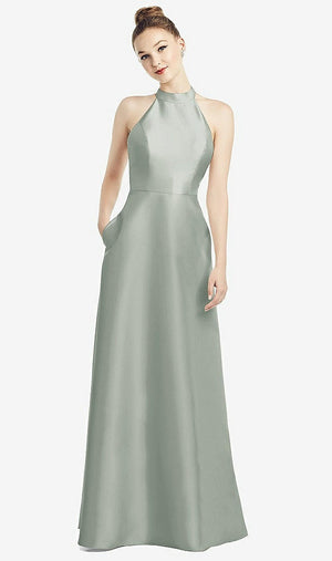 【STYLE: D772】High-Neck Cutout Satin Dress with Pockets【COLOR: Willow Green】