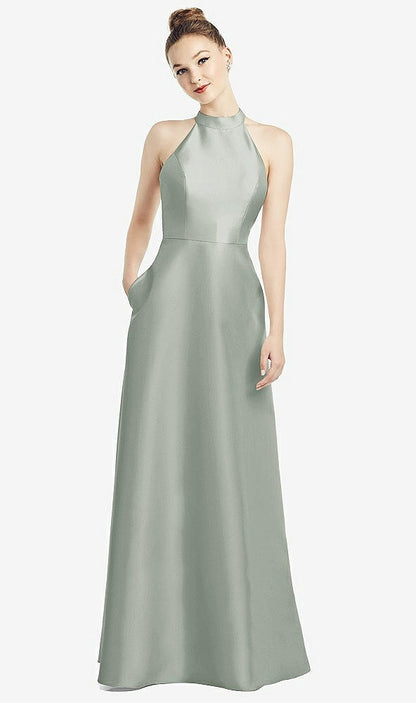 【NEW】【STYLE: D772】ハイネック カットアウト サテン ドレス ポケット付き【COLOR: Willow Green】【SIZE: 00-30W】