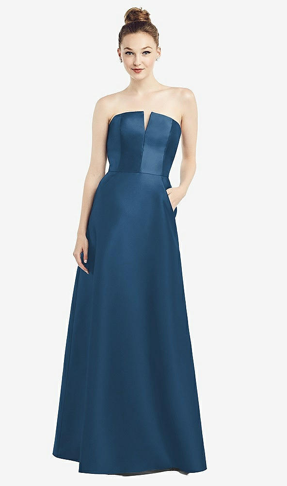 【STYLE: D774】Strapless Notch Satin Gown with Pockets【COLOR: Dusk Blue】
