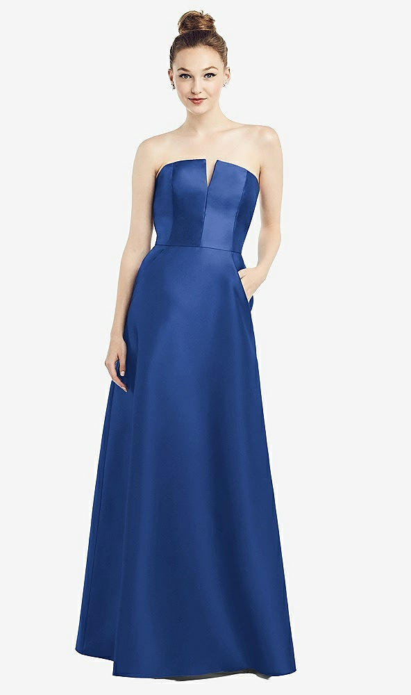 【STYLE: D774】Strapless Notch Satin Gown with Pockets【COLOR: Classic Blue】
