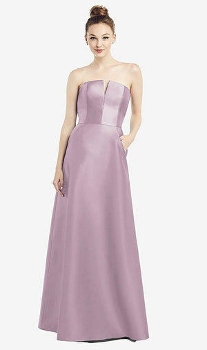 【STYLE: D774】Strapless Notch Satin Gown with Pockets【COLOR: Suede Rose】