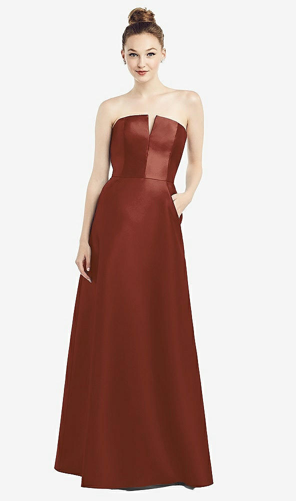 【STYLE: D774】Strapless Notch Satin Gown with Pockets【COLOR: Auburn Moon】