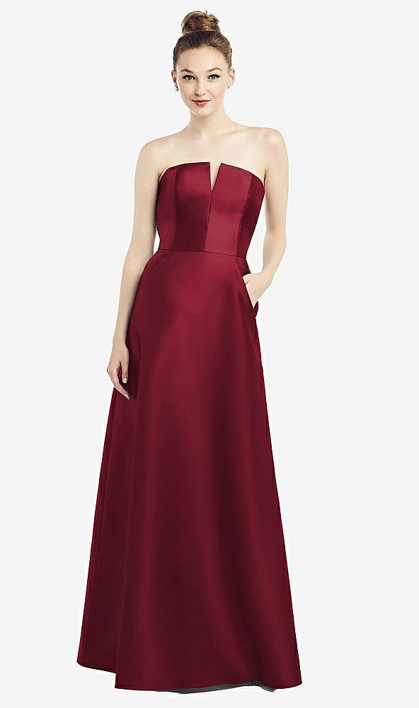 【NEW】【STYLE: D774】ストラップレス ノッチ サテン ガウン ポケット付き【COLOR: Burgundy】【SIZE: 00-30W】