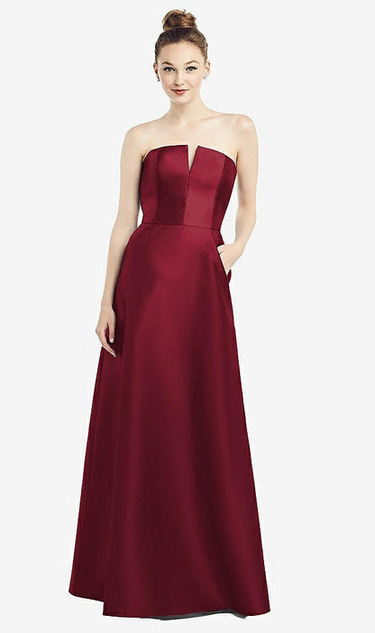 【NEW】【STYLE: D774】ストラップレス ノッチ サテン ガウン ポケット付き【COLOR: Burgundy】【SIZE: 00-30W】