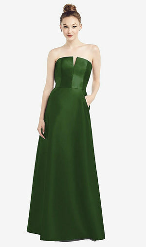 【STYLE: D774】Strapless Notch Satin Gown with Pockets【COLOR: Celtic】