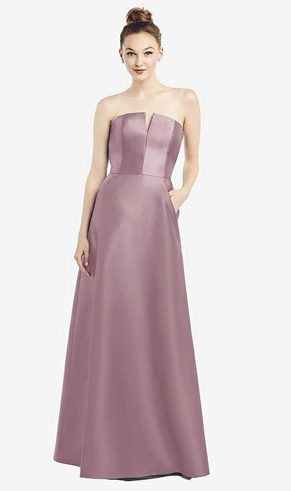 【NEW】【STYLE: D774】ストラップレス ノッチ サテン ガウン ポケット付き【COLOR: Dusty Rose】【SIZE: 00-30W】