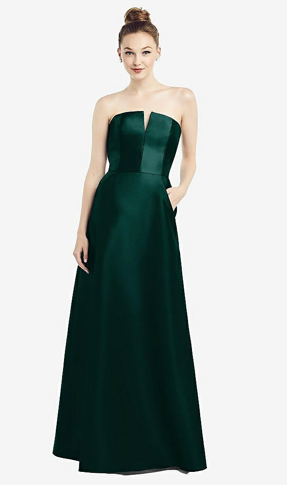 【STYLE: D774】Strapless Notch Satin Gown with Pockets【COLOR: Evergreen】